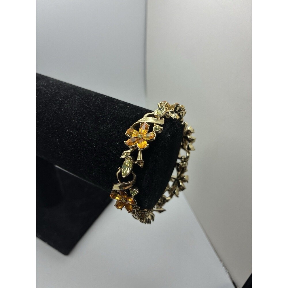 Coro Silver Amber Rhinestone Flower Vintage Jewelry Bracelet With Safety Clasp - Picture 2 of 9